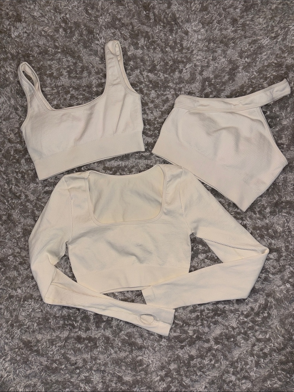 Cream Ribbed Women’s Long Sleeve Crop Top & Bralette Set